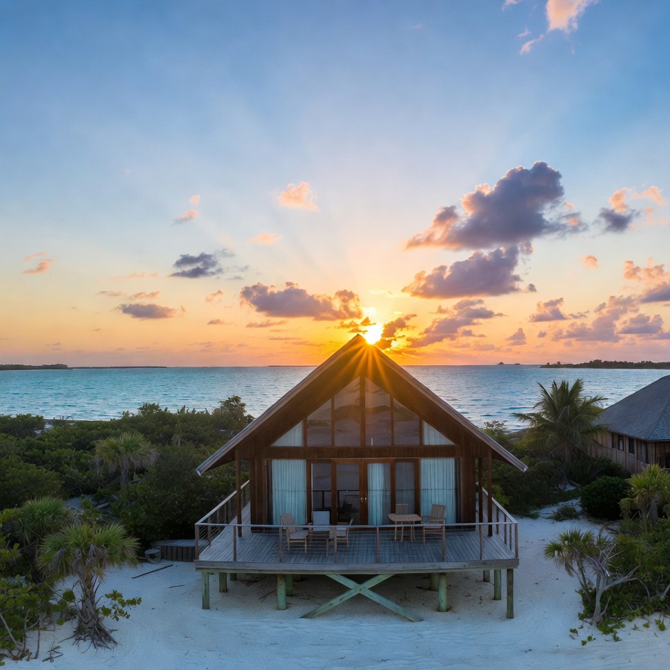 Luxury beachfront cabin at sunset in the Bahamas