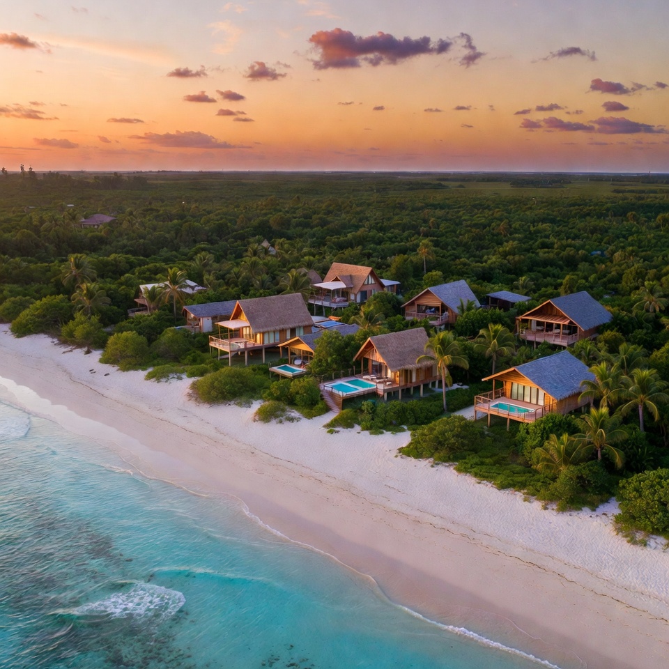 Aerial view of the 10-cabin beachfront development in Exuma, Bahamas