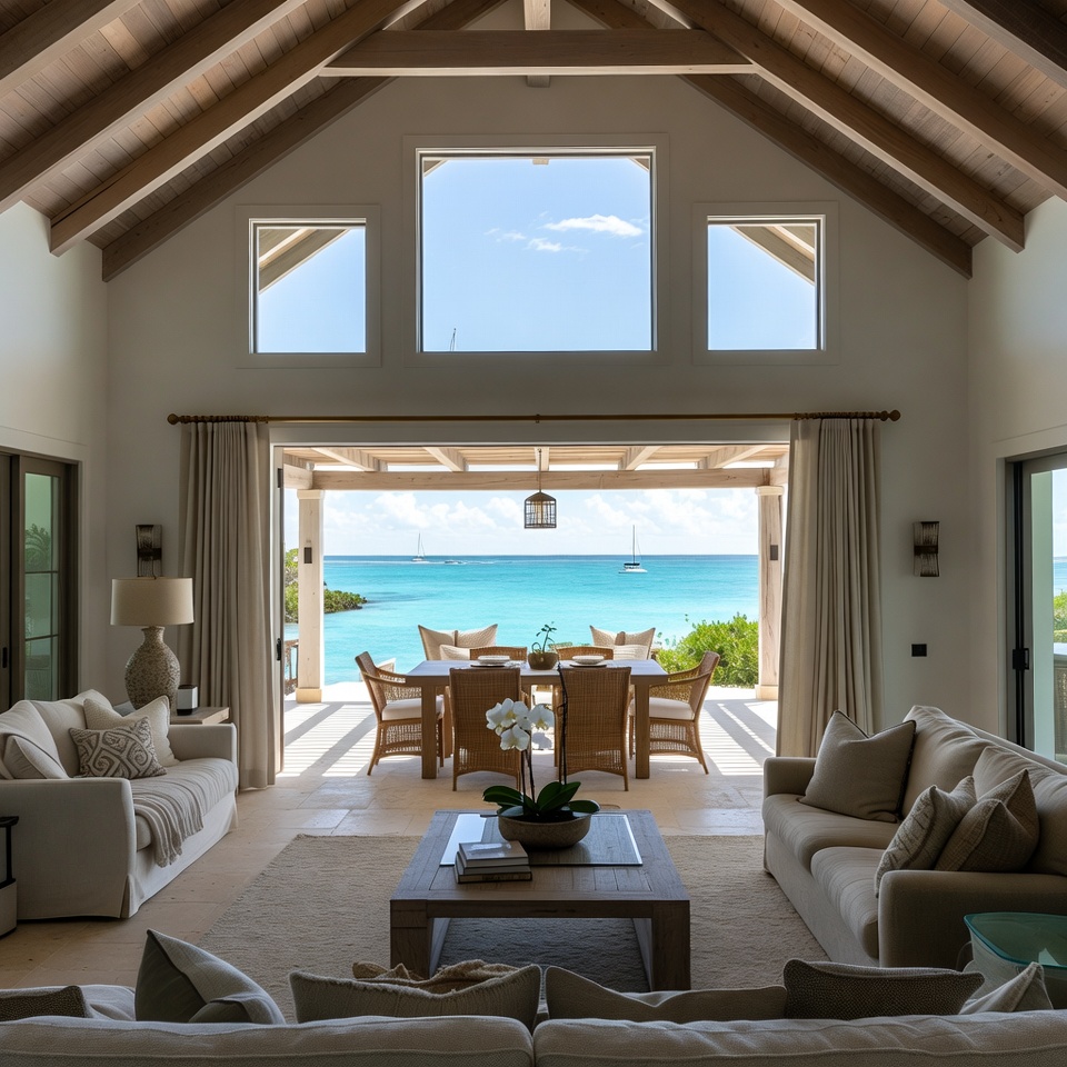 Elegant open-plan interior of a luxury Bahamas cabin with ocean views